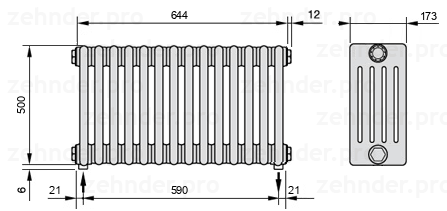 Схема (чертеж) Радиатор Zehnder Charleston 5050/14 №3570 Белый глянцевый RAL 9016